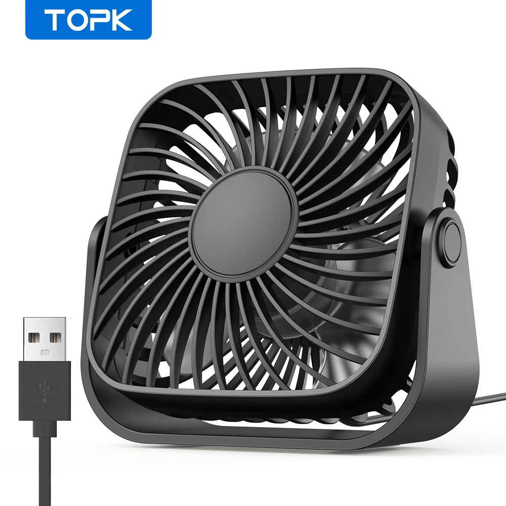 TOPK 4Inch USB Mini Portable Fan for Camping,3 Speeds Quiet Desk Table Personal Fan,360Β°Adjustment Standing Fans for Room Home