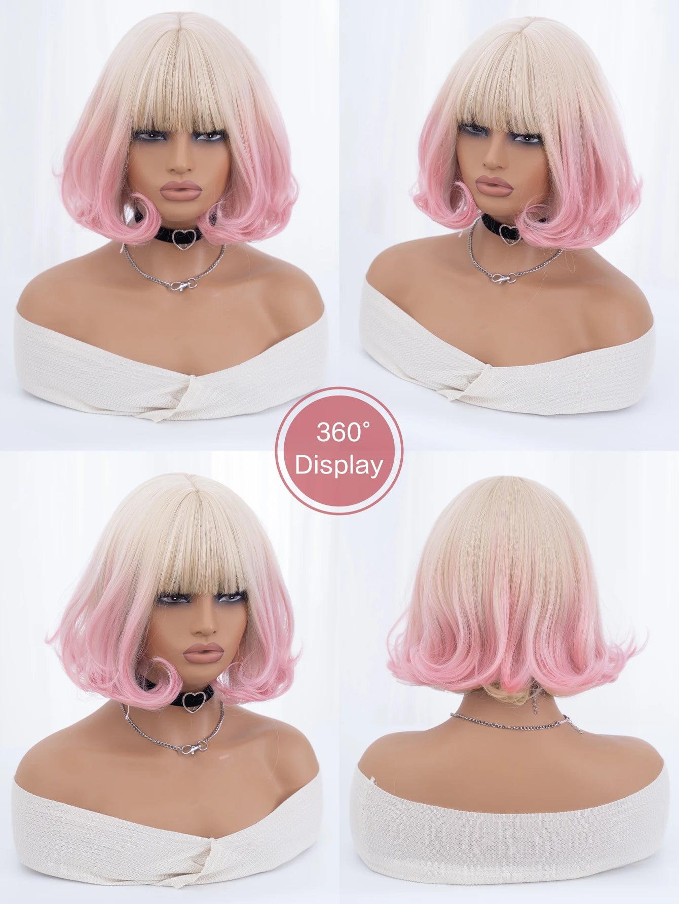 12Inch Blond Gradient Pink Color Synthetic Wigs With Bang Short Natural Straight Hair Wig For Women Cosplay Party Heat Resistant
