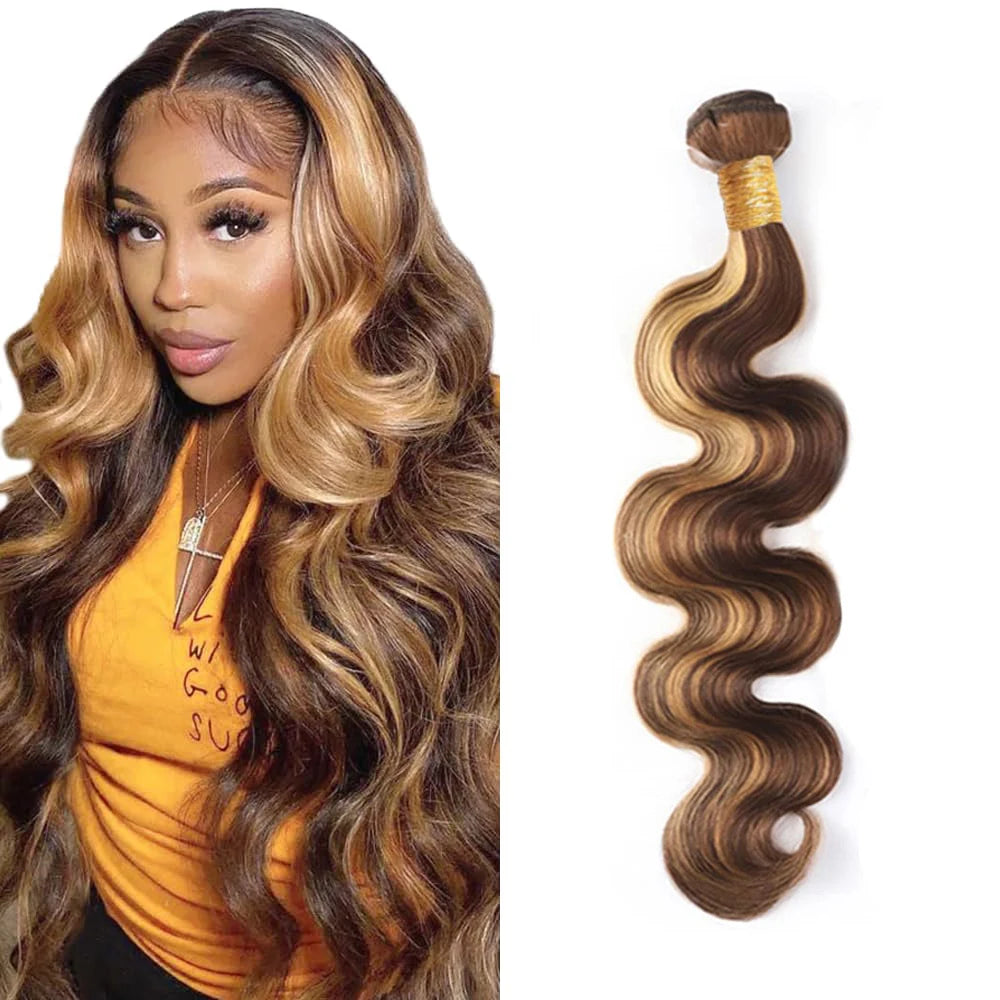 P4-27 Highlight Human Hair Bundles Body Wave Bundles 100% Human Hair Bundles Brown Remy Human Hair Weave Extensions For Woman