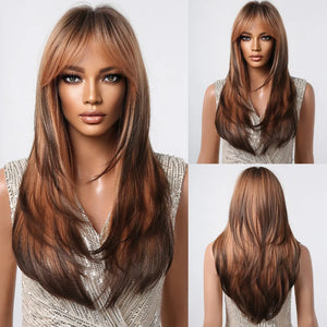 HENRY MARGU Brown Highlight Synthetic Wigs Long Silk Straight Wig with Bangs Middle Part Natural Brown Daily Wig Heat Resistant