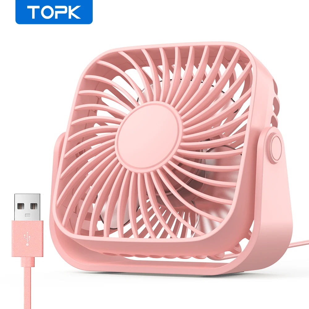 TOPK 4Inch USB Mini Portable Fan for Camping,3 Speeds Quiet Desk Table Personal Fan,360Β°Adjustment Standing Fans for Room Home