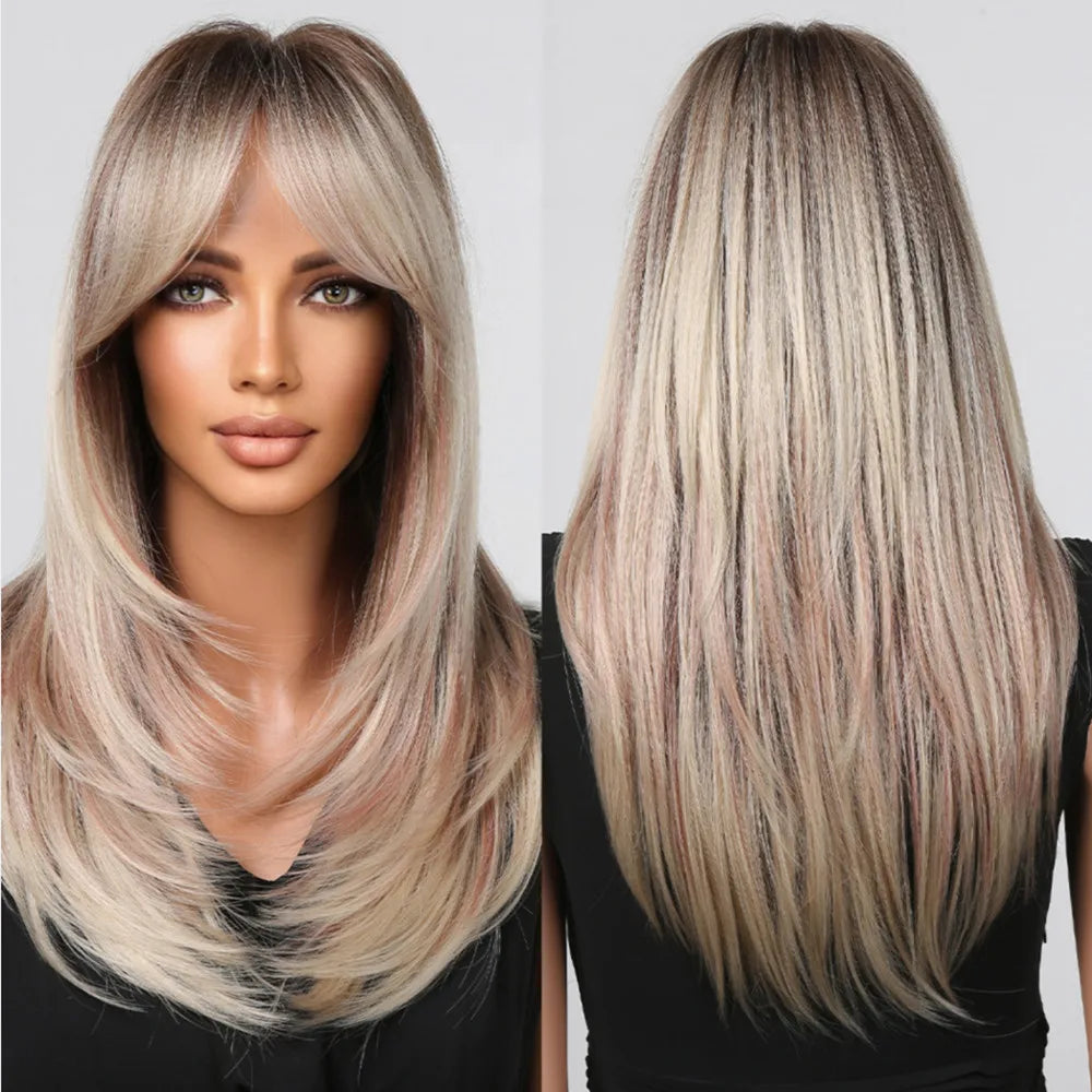 HENRY MARGU Brown Highlight Synthetic Wigs Long Silk Straight Wig with Bangs Middle Part Natural Brown Daily Wig Heat Resistant