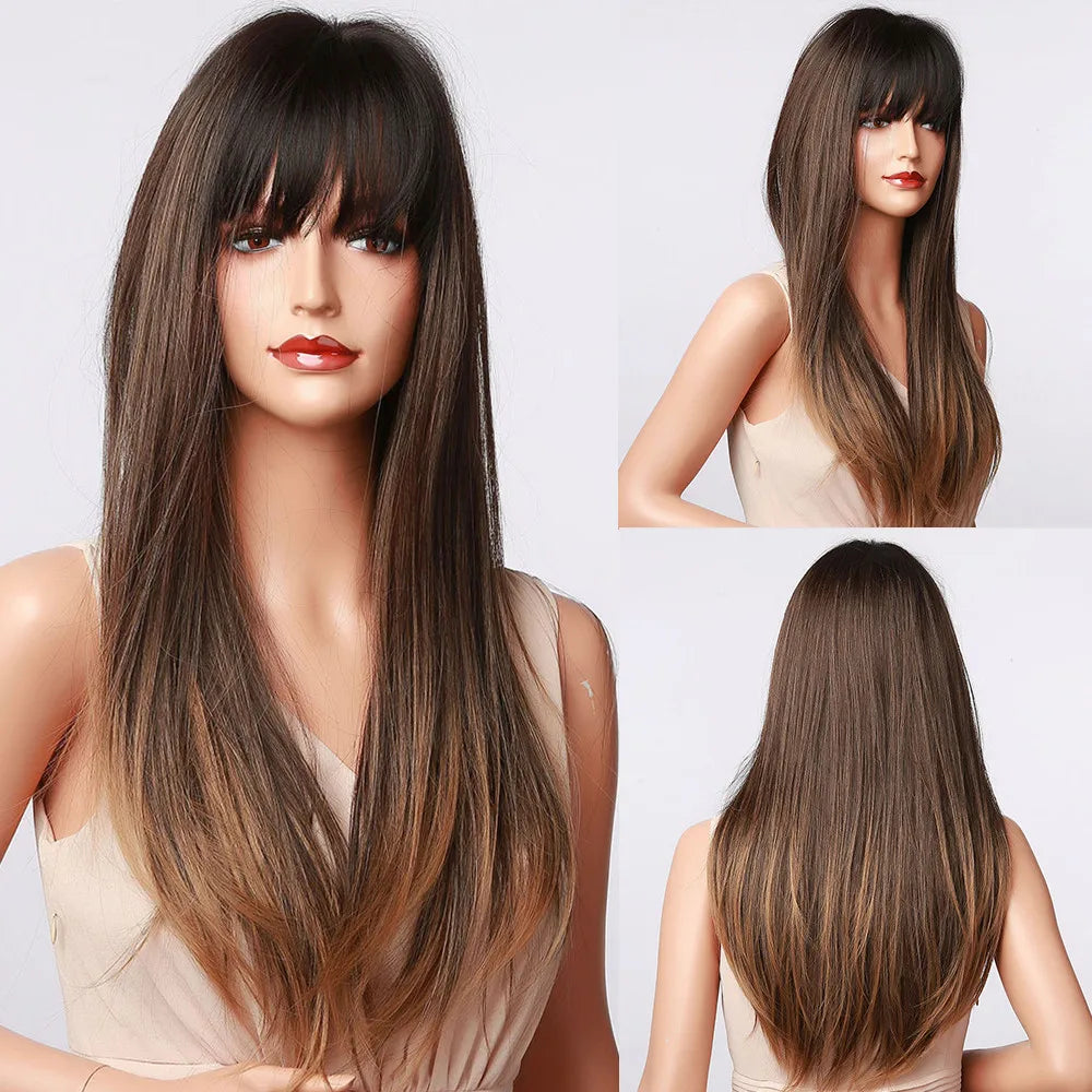 HENRY MARGU Brown Highlight Synthetic Wigs Long Silk Straight Wig with Bangs Middle Part Natural Brown Daily Wig Heat Resistant