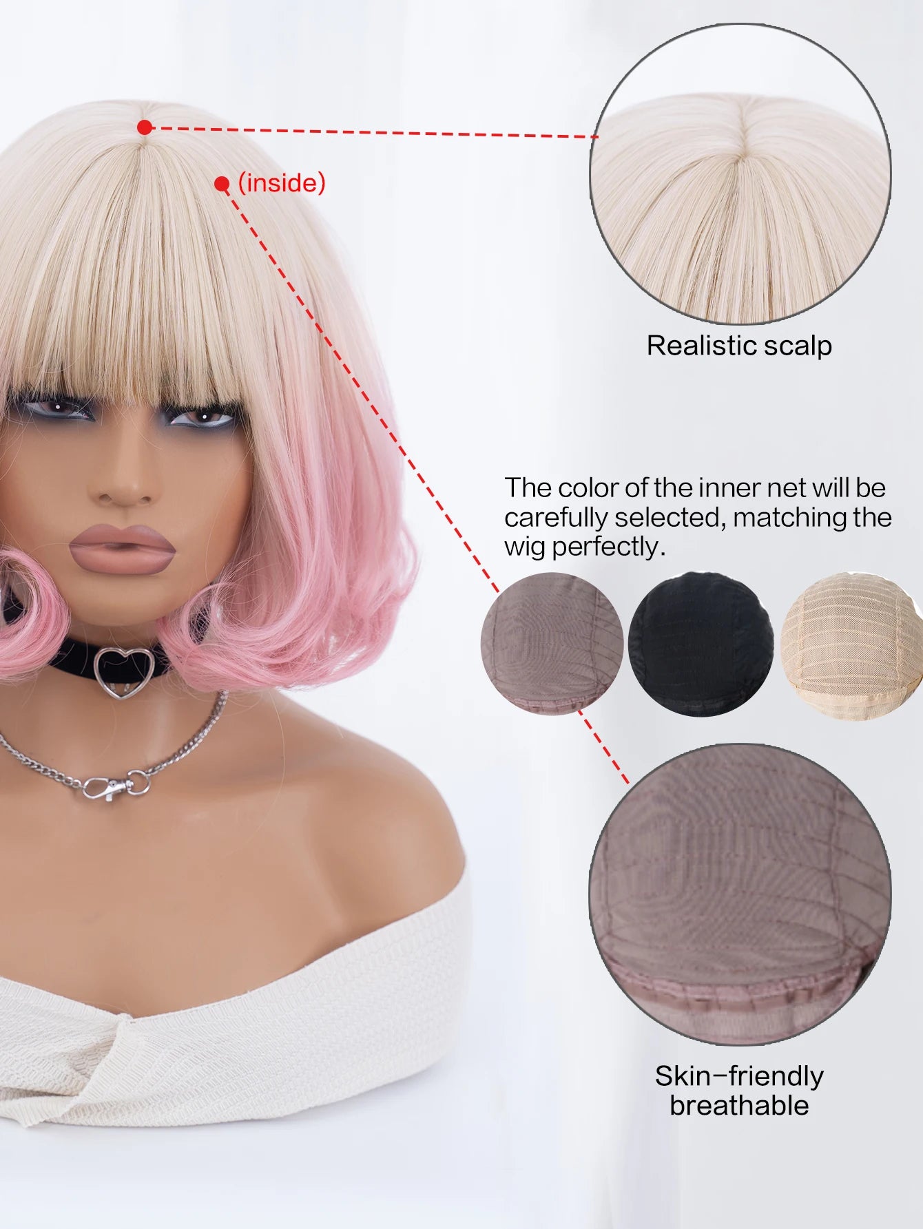 12Inch Blond Gradient Pink Color Synthetic Wigs With Bang Short Natural Straight Hair Wig For Women Cosplay Party Heat Resistant