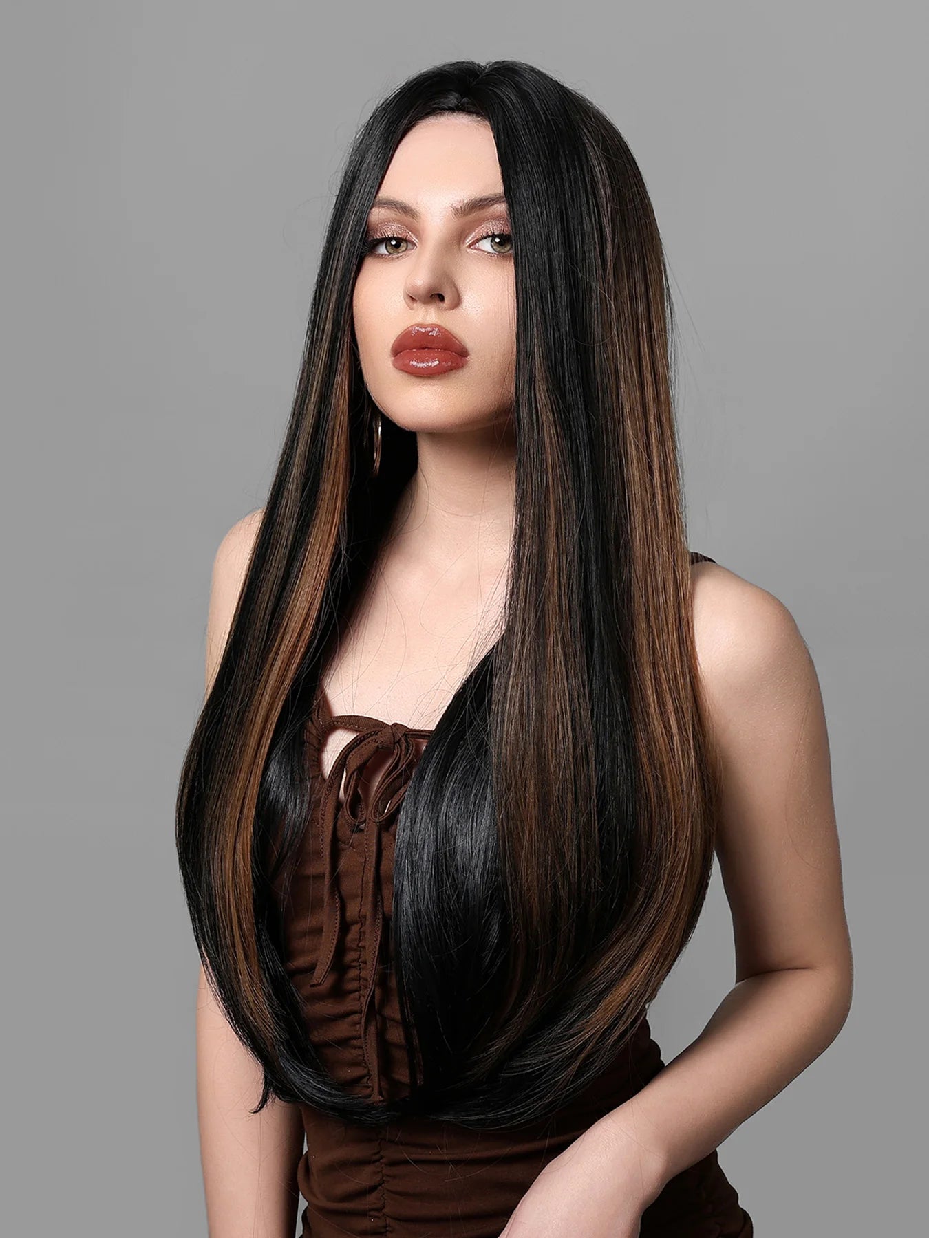 HENRY MARGU Brown Highlight Synthetic Wigs Long Silk Straight Wig with Bangs Middle Part Natural Brown Daily Wig Heat Resistant