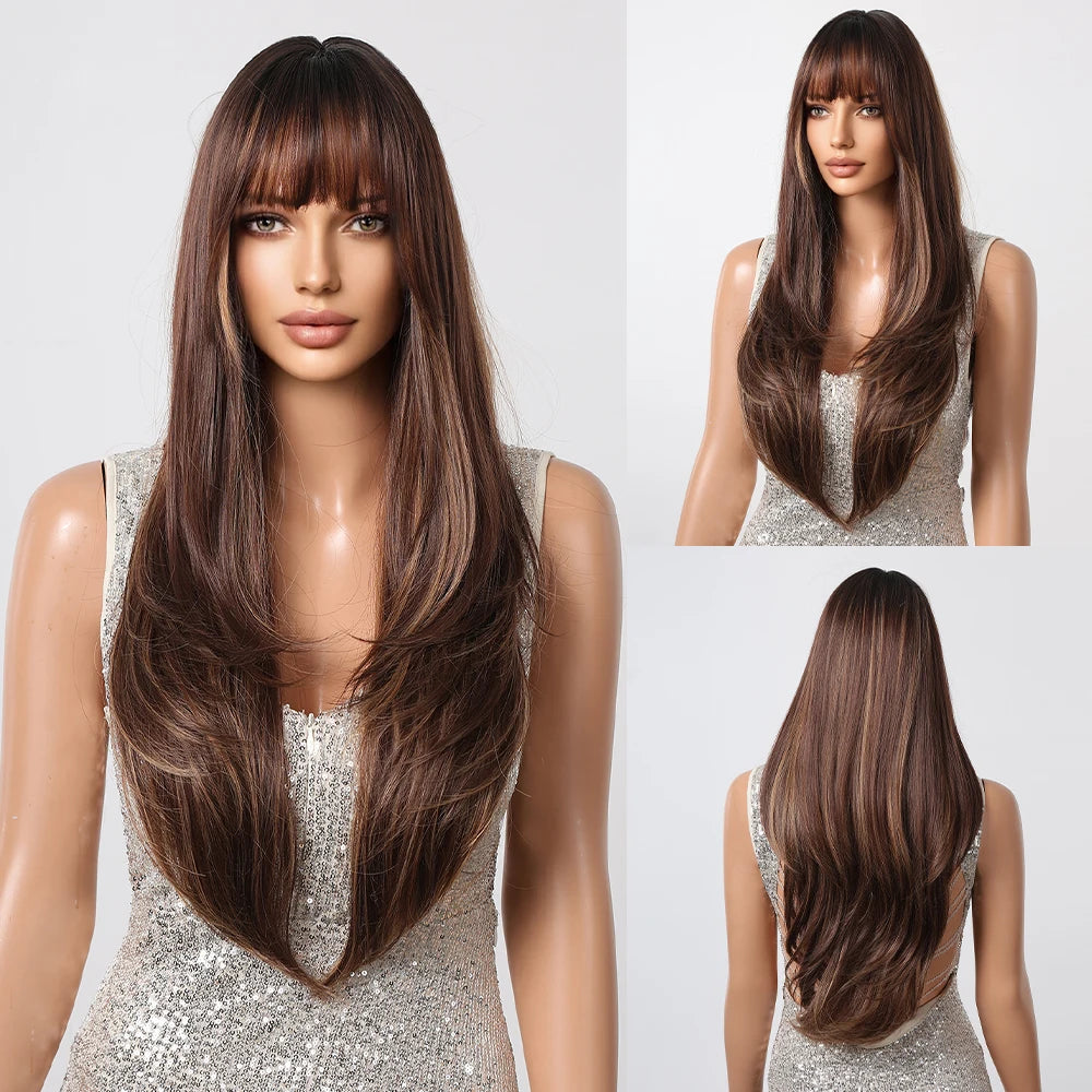 HENRY MARGU Brown Highlight Synthetic Wigs Long Silk Straight Wig with Bangs Middle Part Natural Brown Daily Wig Heat Resistant