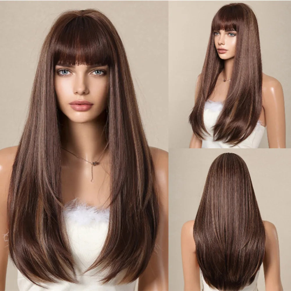 HENRY MARGU Brown Highlight Synthetic Wigs Long Silk Straight Wig with Bangs Middle Part Natural Brown Daily Wig Heat Resistant
