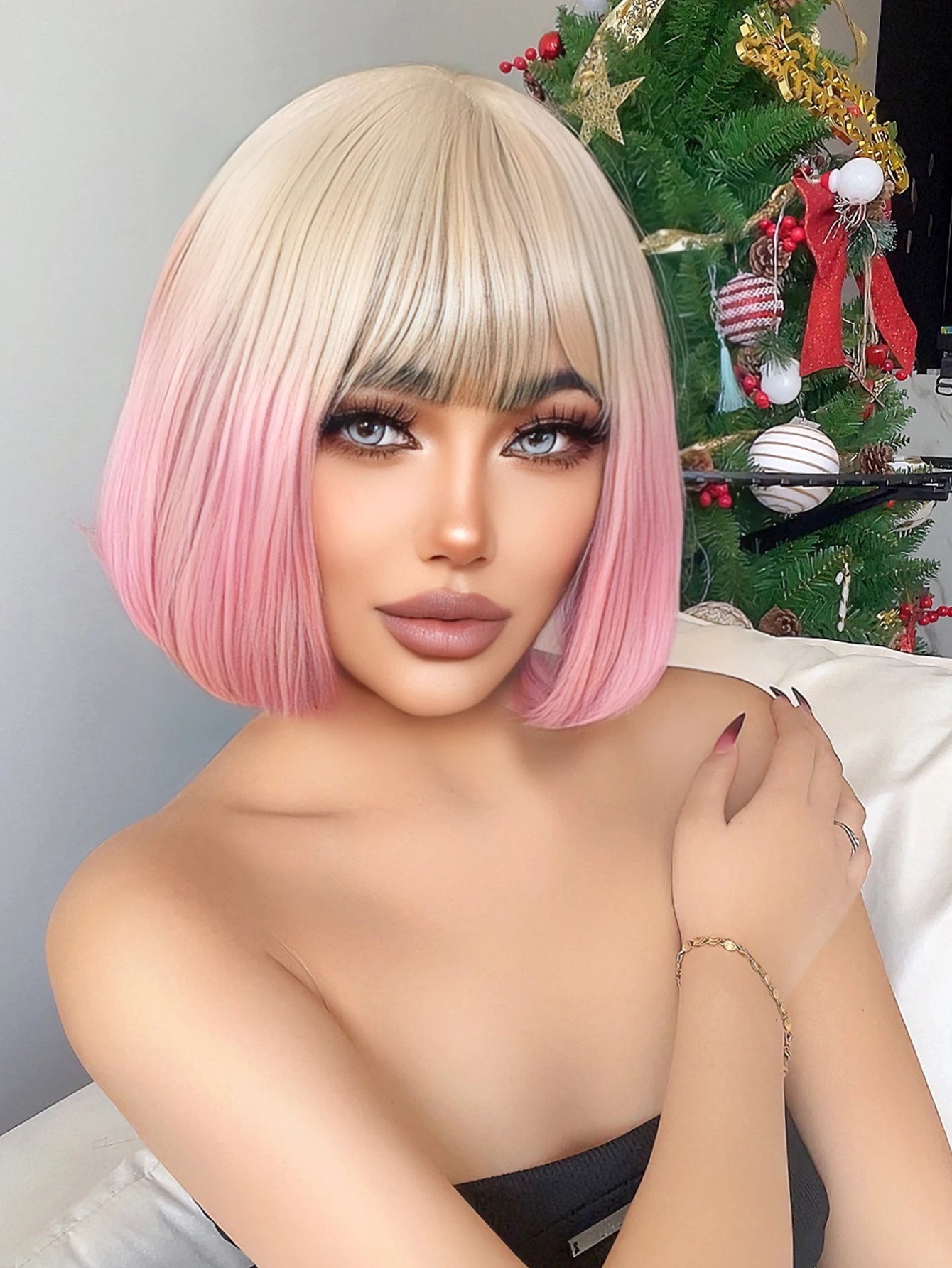 12Inch Blond Gradient Pink Color Synthetic Wigs With Bang Short Natural Straight Hair Wig For Women Cosplay Party Heat Resistant