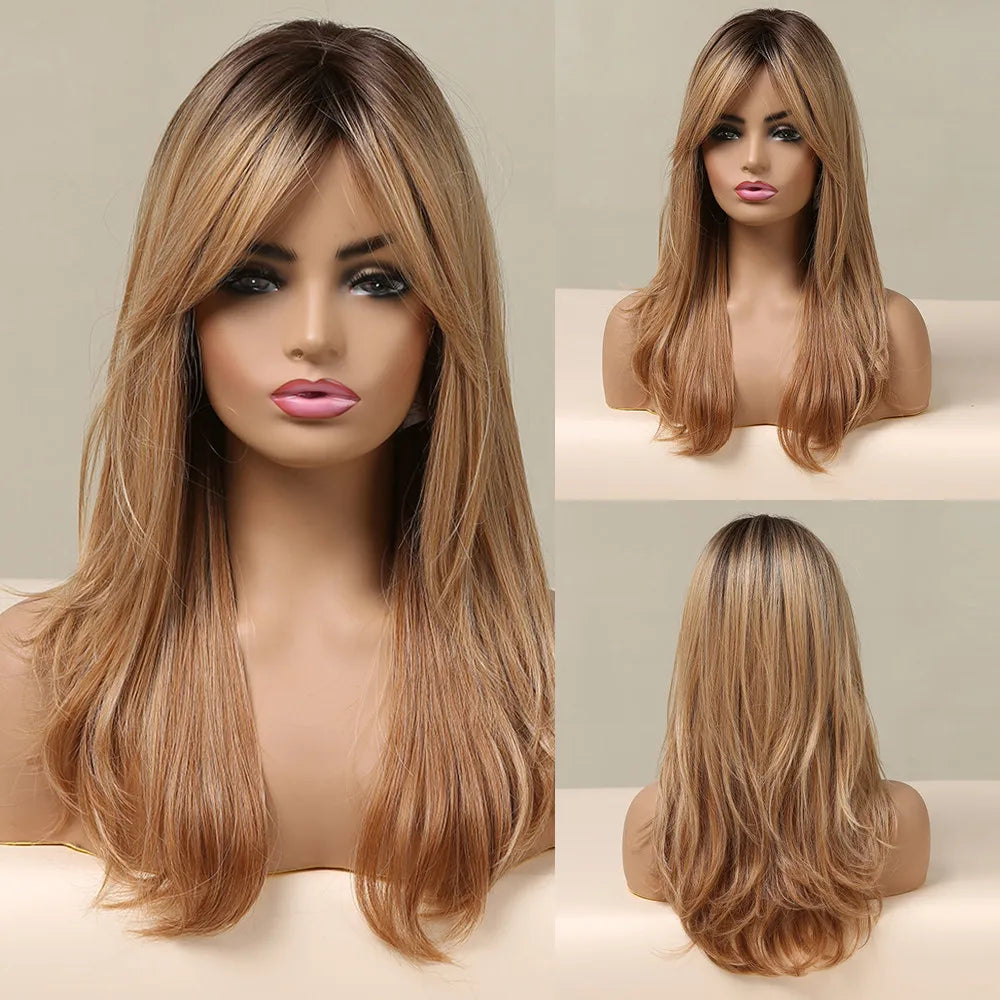 HENRY MARGU Brown Highlight Synthetic Wigs Long Silk Straight Wig with Bangs Middle Part Natural Brown Daily Wig Heat Resistant