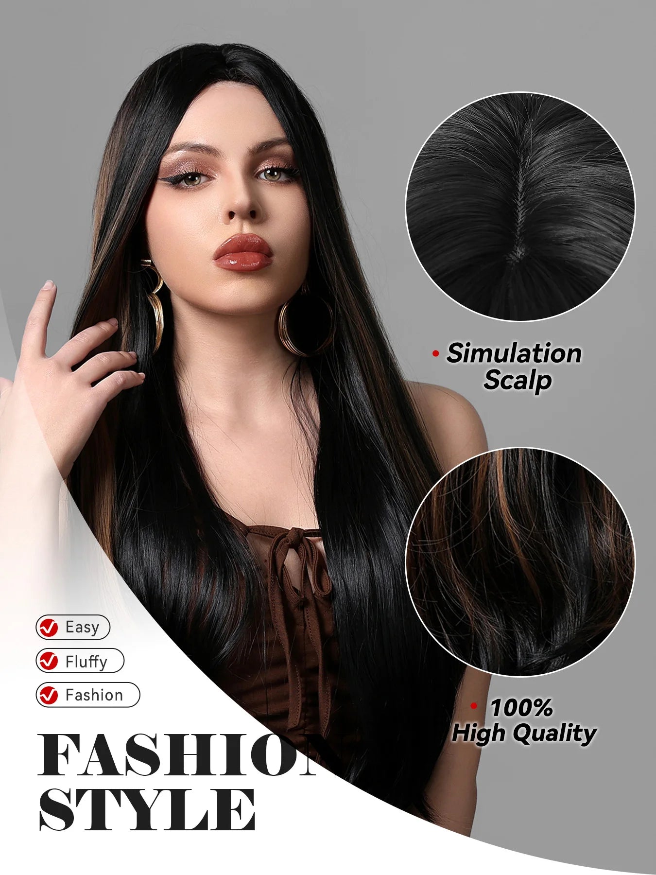 HENRY MARGU Brown Highlight Synthetic Wigs Long Silk Straight Wig with Bangs Middle Part Natural Brown Daily Wig Heat Resistant