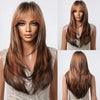 HENRY MARGU Brown Highlight Synthetic Wigs Long Silk Straight Wig with Bangs Middle Part Natural Brown Daily Wig Heat Resistant