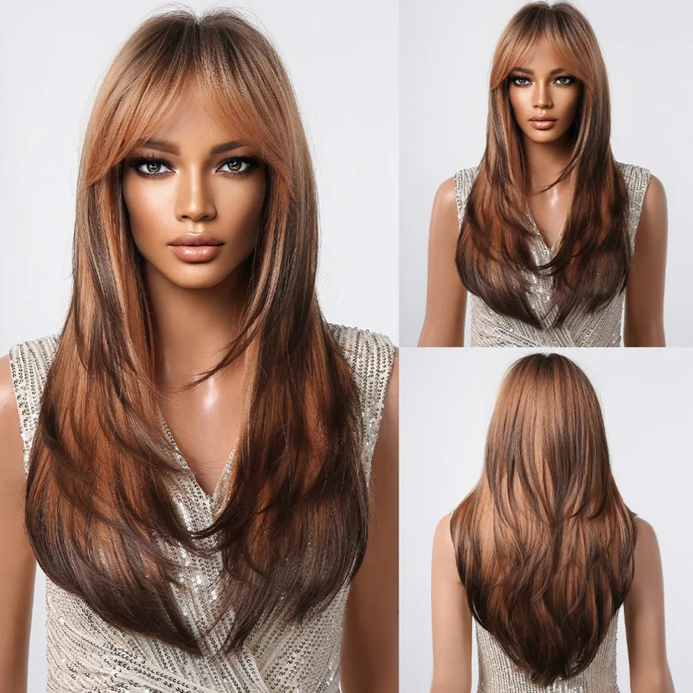 HENRY MARGU Brown Highlight Synthetic Wigs Long Silk Straight Wig with Bangs Middle Part Natural Brown Daily Wig Heat Resistant