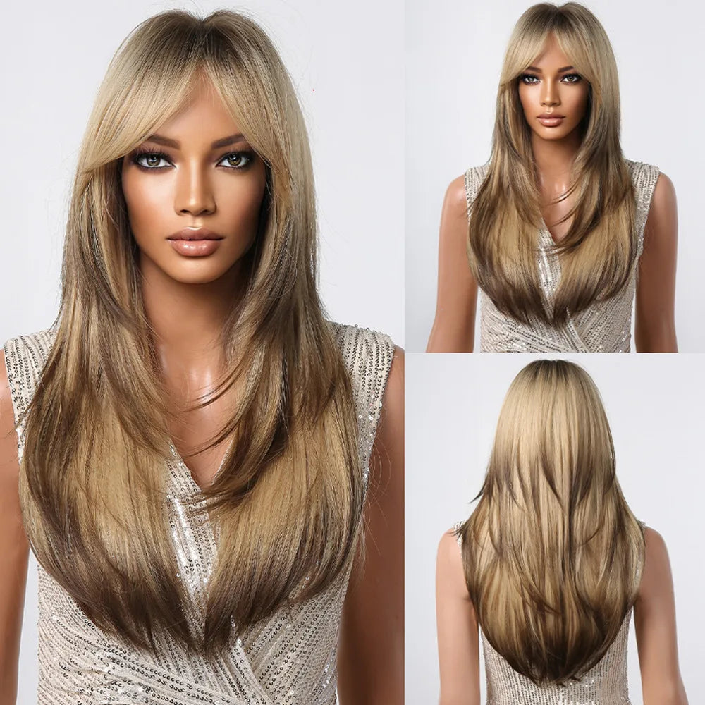 HENRY MARGU Brown Highlight Synthetic Wigs Long Silk Straight Wig with Bangs Middle Part Natural Brown Daily Wig Heat Resistant