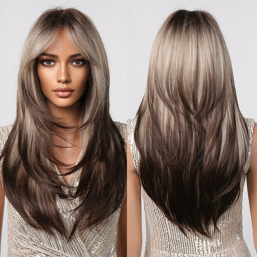 HENRY MARGU Brown Highlight Synthetic Wigs Long Silk Straight Wig with Bangs Middle Part Natural Brown Daily Wig Heat Resistant