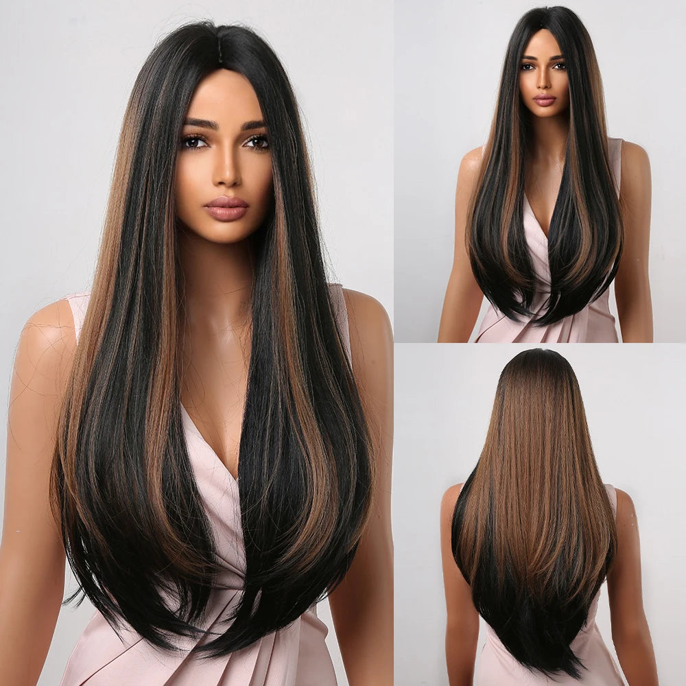 HENRY MARGU Brown Highlight Synthetic Wigs Long Silk Straight Wig with Bangs Middle Part Natural Brown Daily Wig Heat Resistant