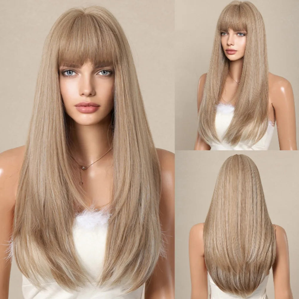HENRY MARGU Brown Highlight Synthetic Wigs Long Silk Straight Wig with Bangs Middle Part Natural Brown Daily Wig Heat Resistant