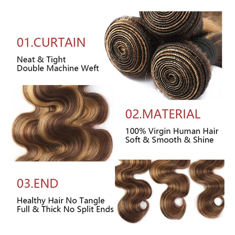 P4-27 Highlight Human Hair Bundles Body Wave Bundles 100% Human Hair Bundles Brown Remy Human Hair Weave Extensions For Woman