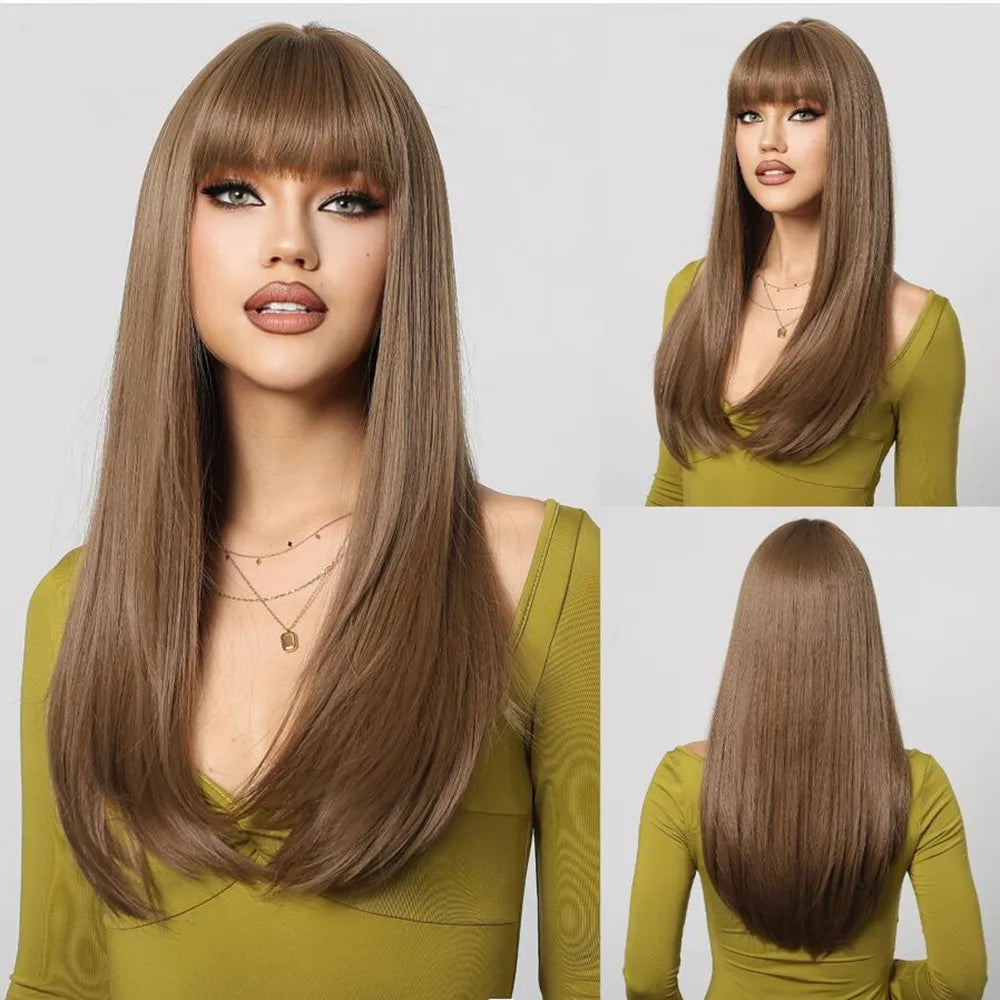 HENRY MARGU Brown Highlight Synthetic Wigs Long Silk Straight Wig with Bangs Middle Part Natural Brown Daily Wig Heat Resistant