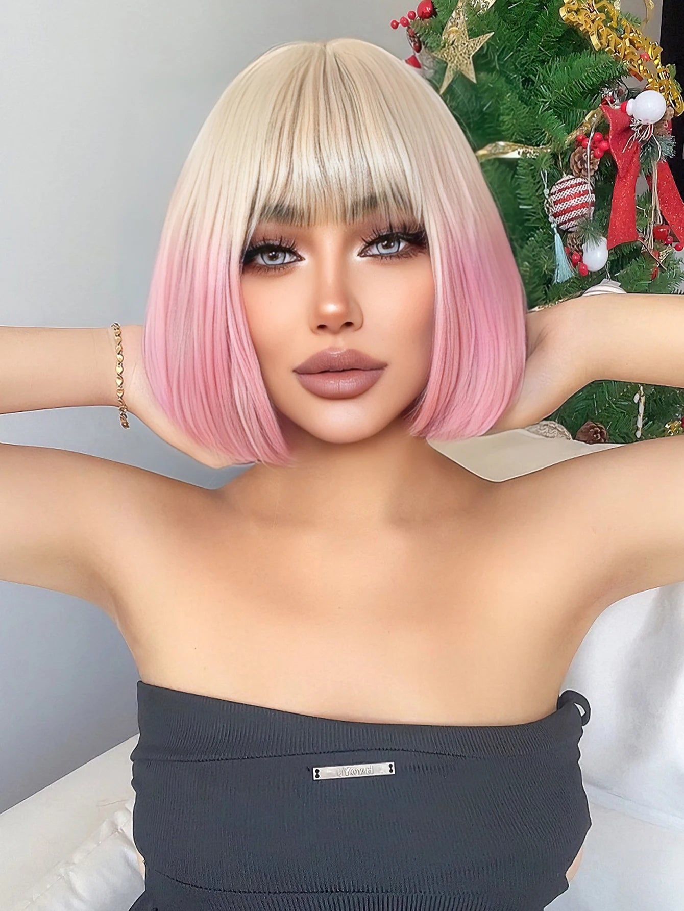 12Inch Blond Gradient Pink Color Synthetic Wigs With Bang Short Natural Straight Hair Wig For Women Cosplay Party Heat Resistant