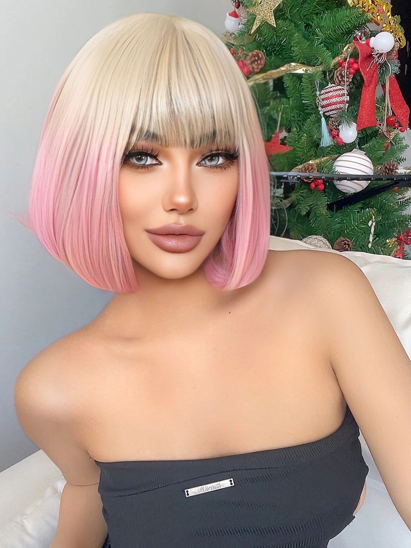 12Inch Blond Gradient Pink Color Synthetic Wigs With Bang Short Natural Straight Hair Wig For Women Cosplay Party Heat Resistant