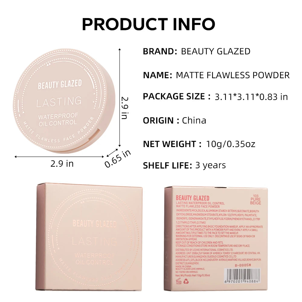 BEAUTY GLAZED Face Powder Oil Control Flawless Long Lasting Waterproof Lipstick Matte Setting Powder Face Makeup With Mirror